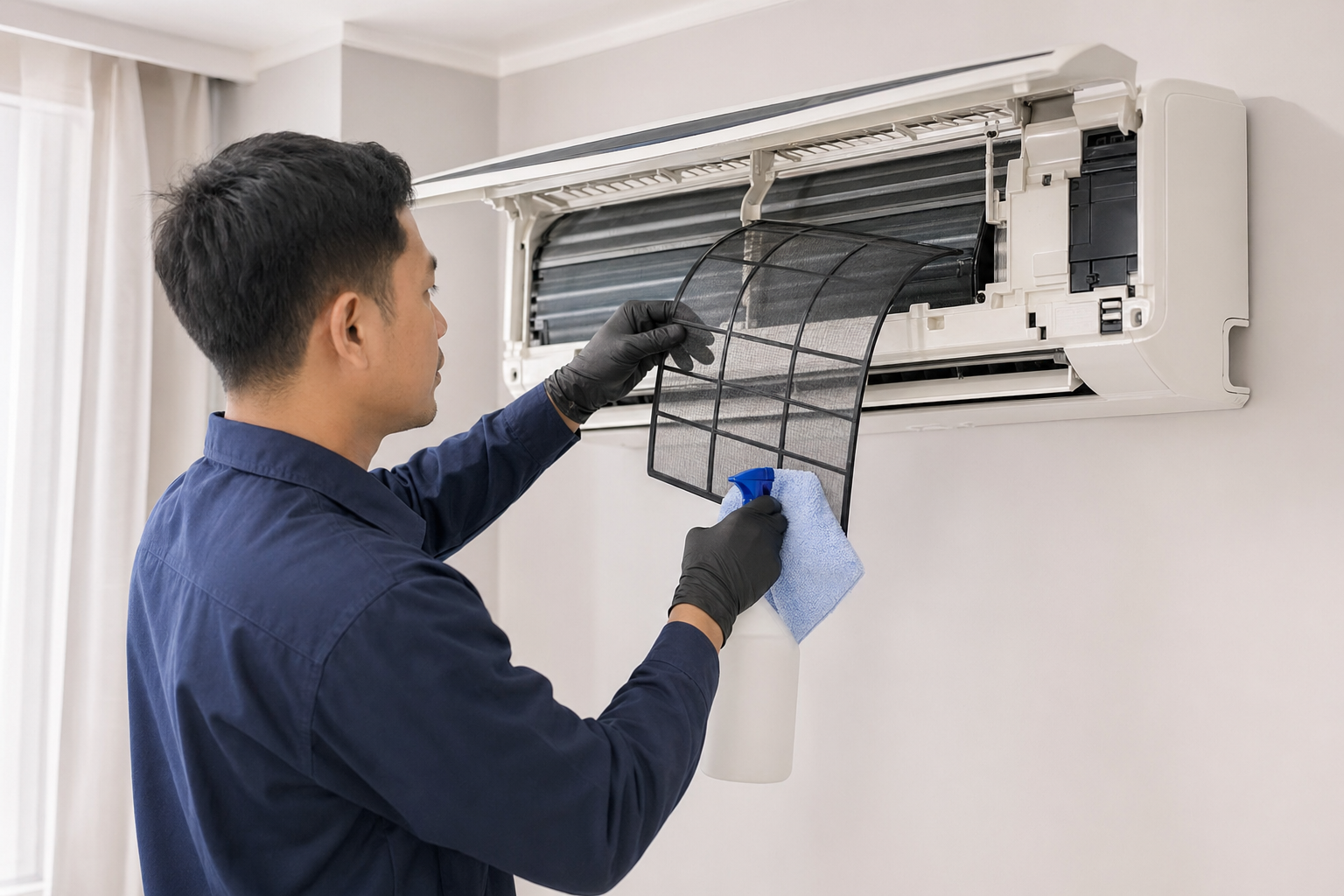Technician deep cleaning split AC filters and indoor unit