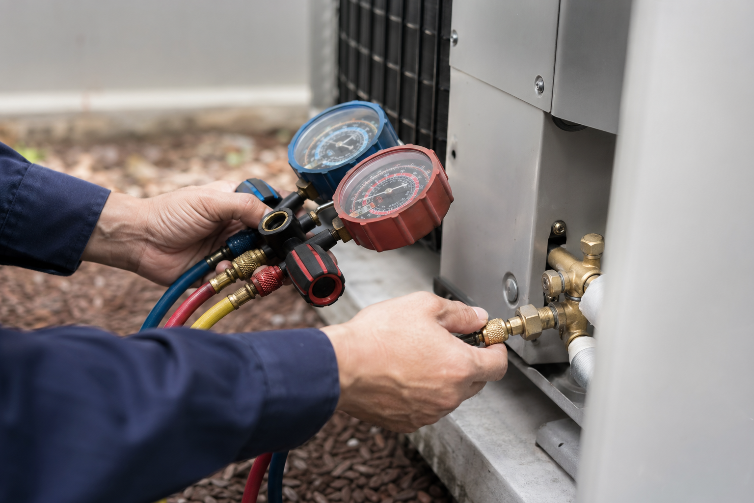 Technician connecting refrigerant gauges to outdoor AC unit