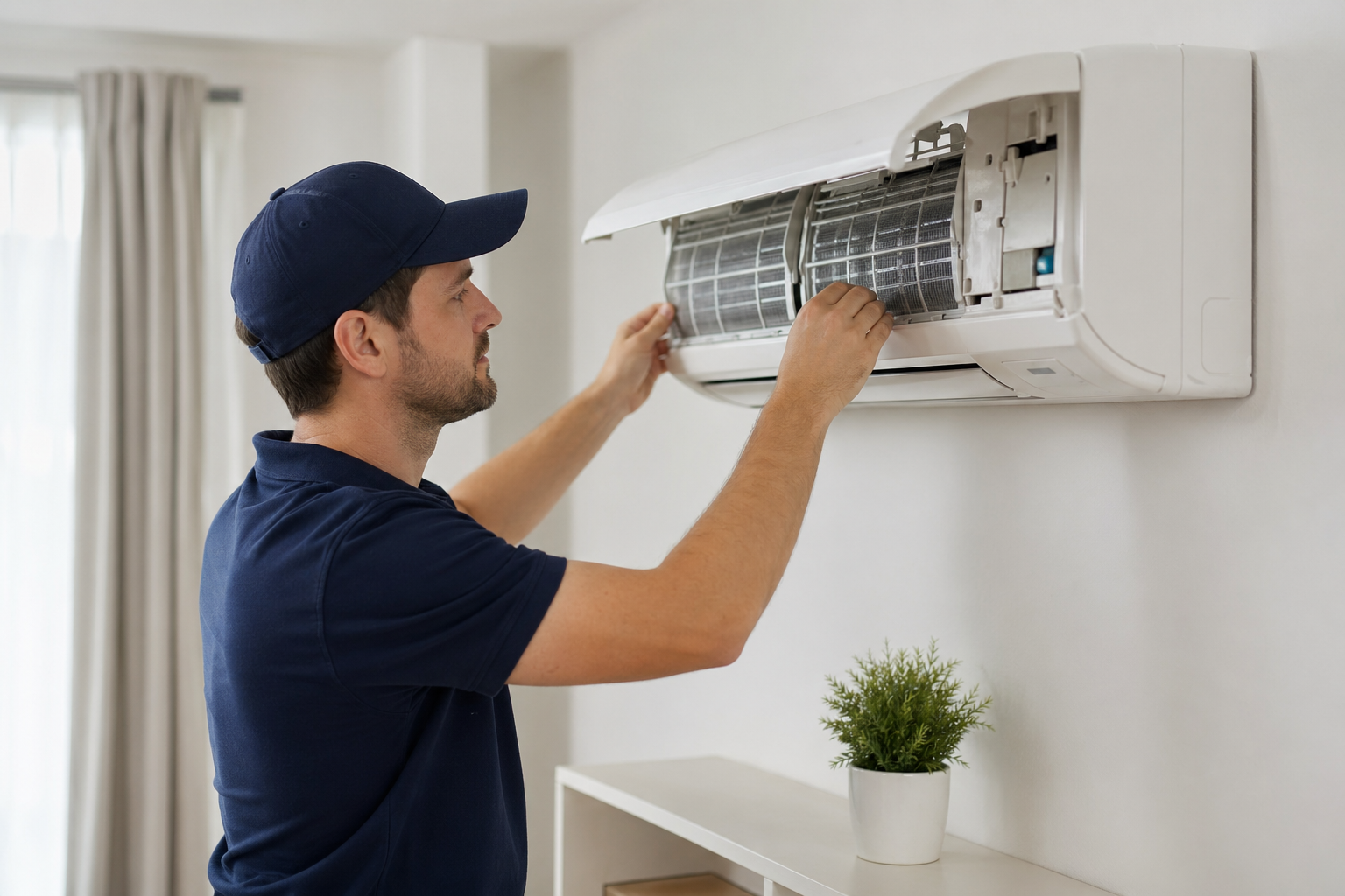 Technician in navy uniform servicing a wall-mounted split AC unit