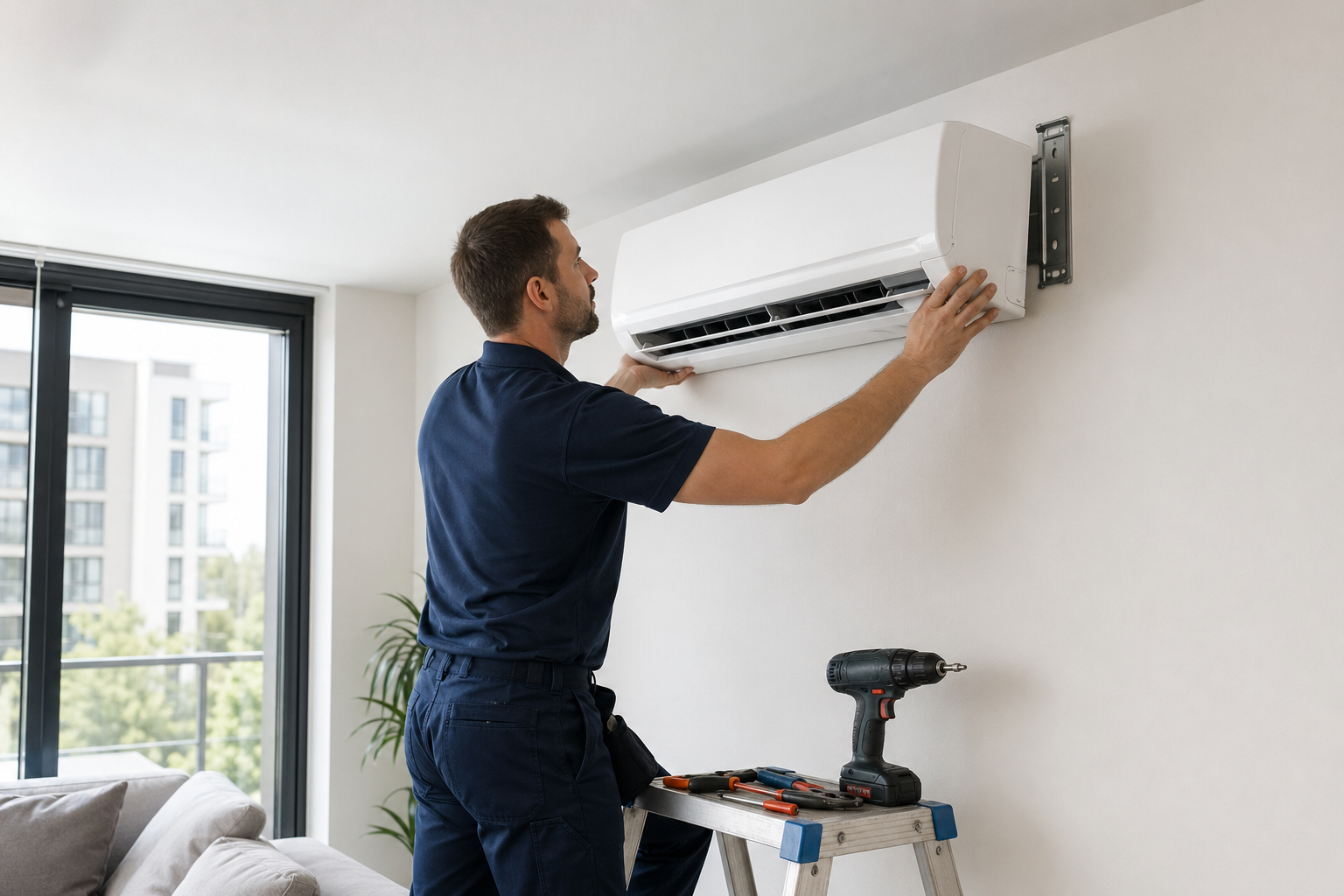 Technician installing a new wall-mounted split AC indoor unit