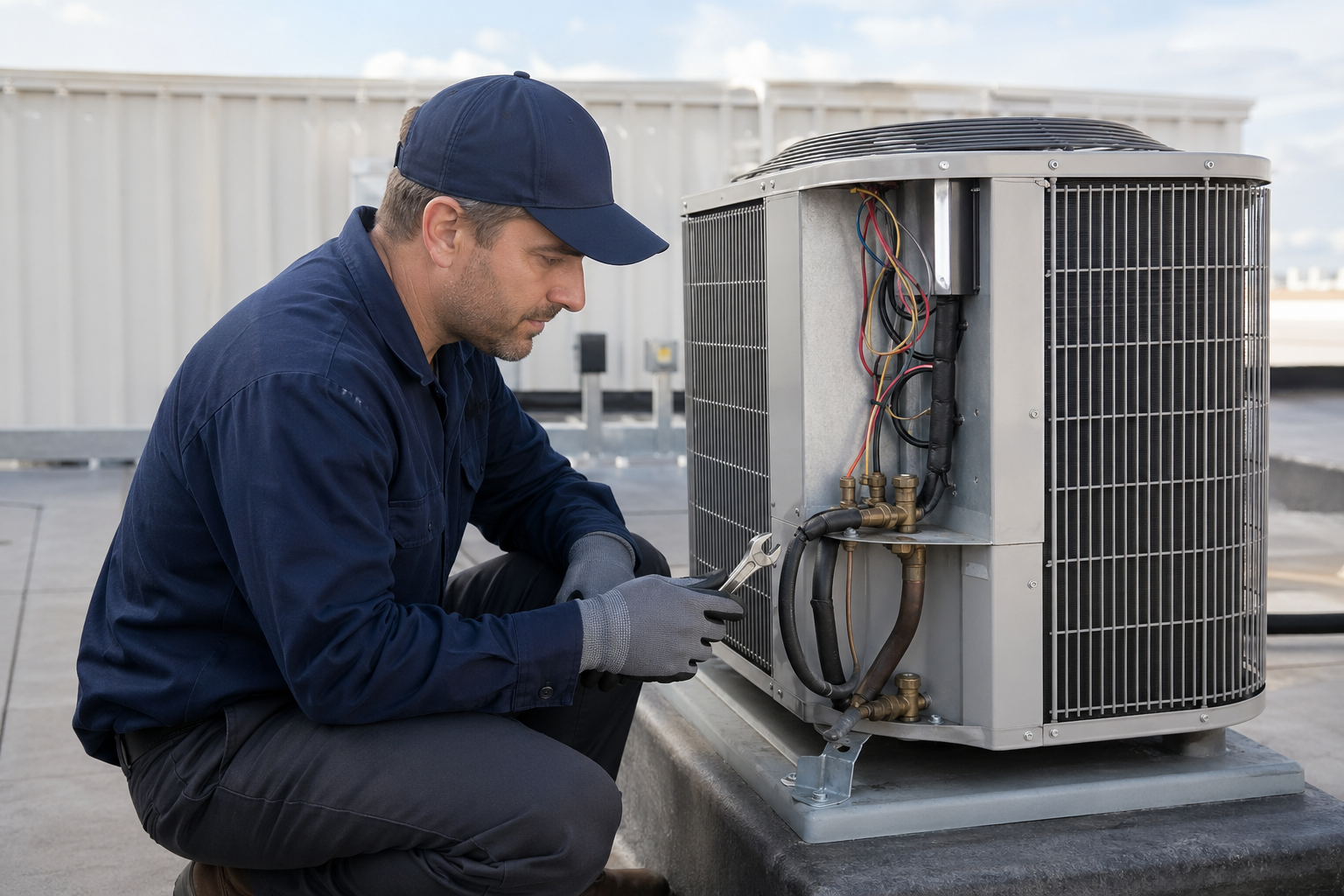 Technician performing preventive maintenance on outdoor AC unit