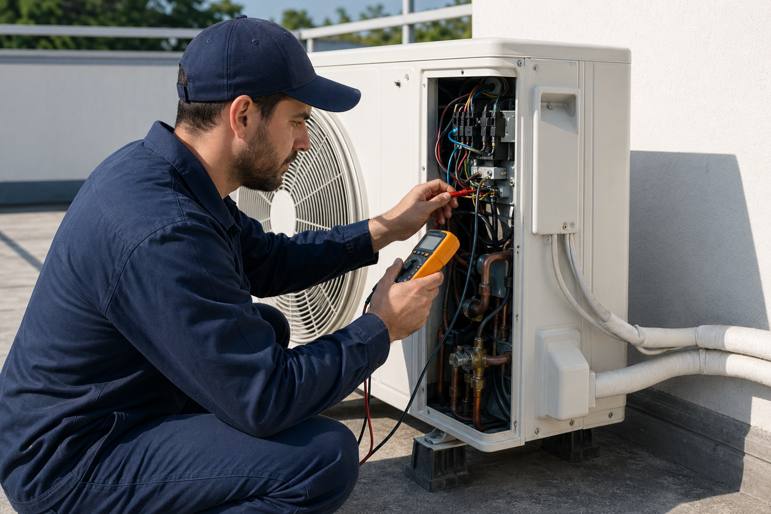 Technician repairing outdoor AC compressor with diagnostic tools
