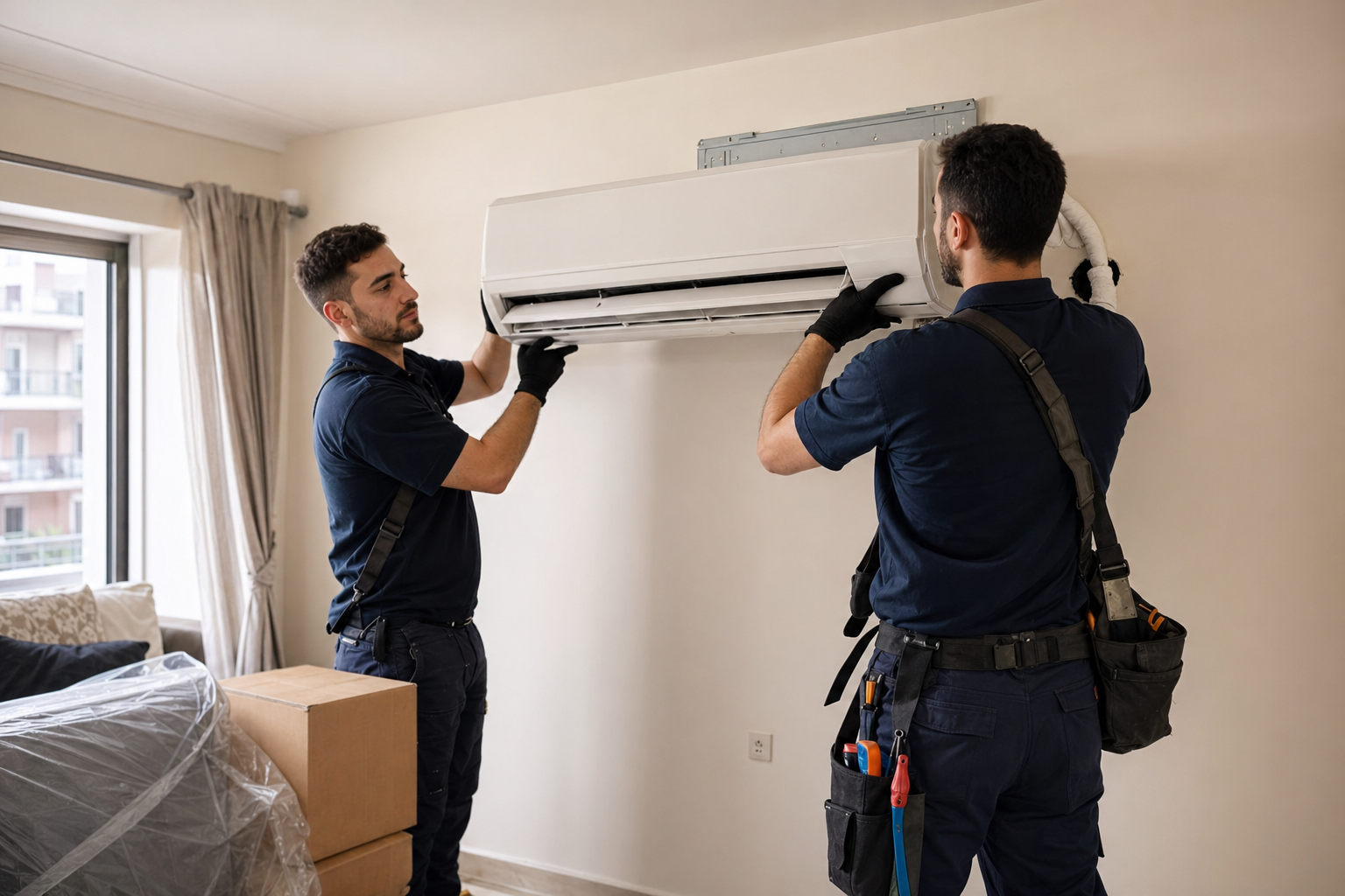 Technicians safely uninstalling a wall-mounted AC indoor unit