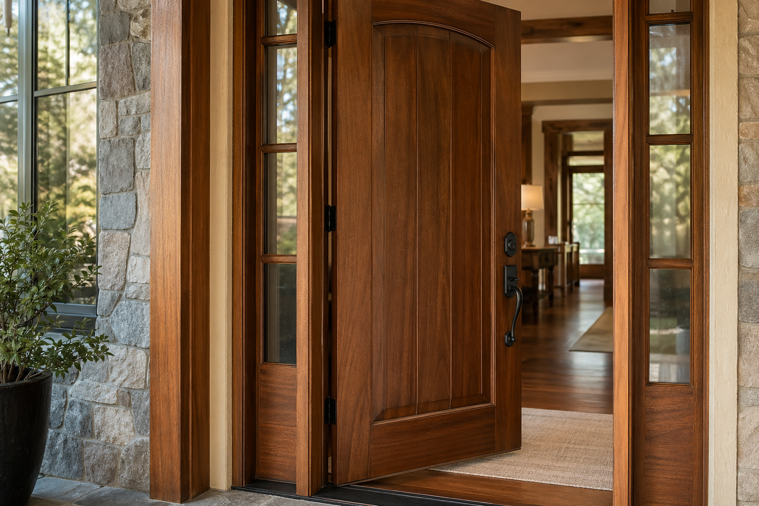 Residential front door with sidelights and tall window beside it