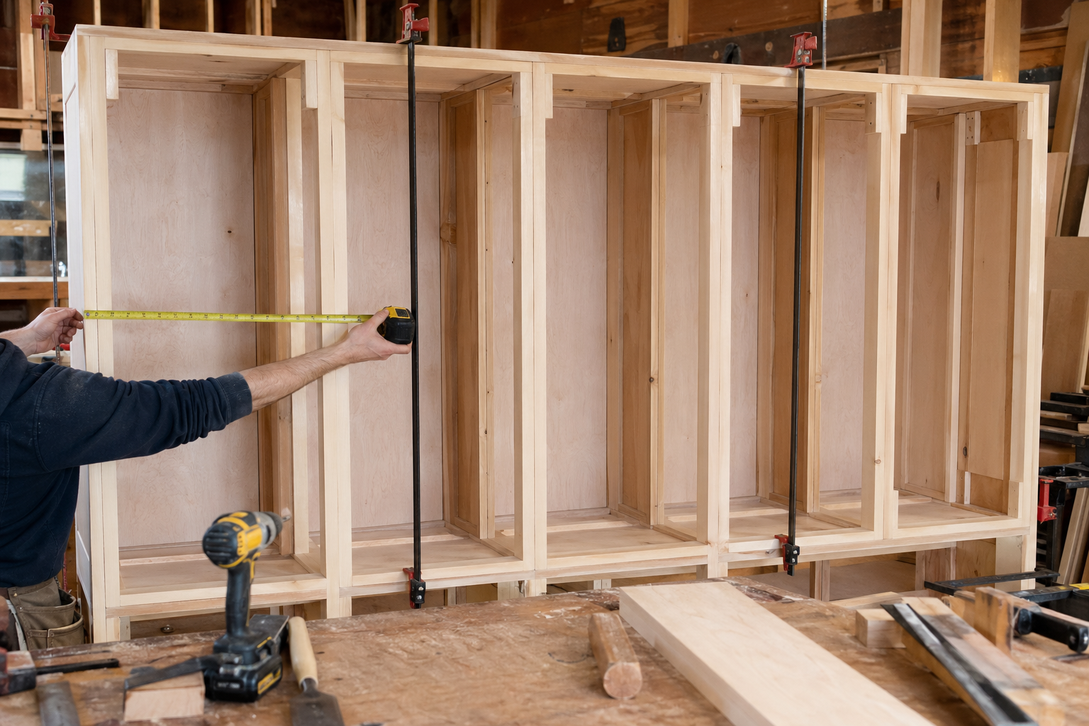 Workshop scene building a large wooden wardrobe or cabinet frame