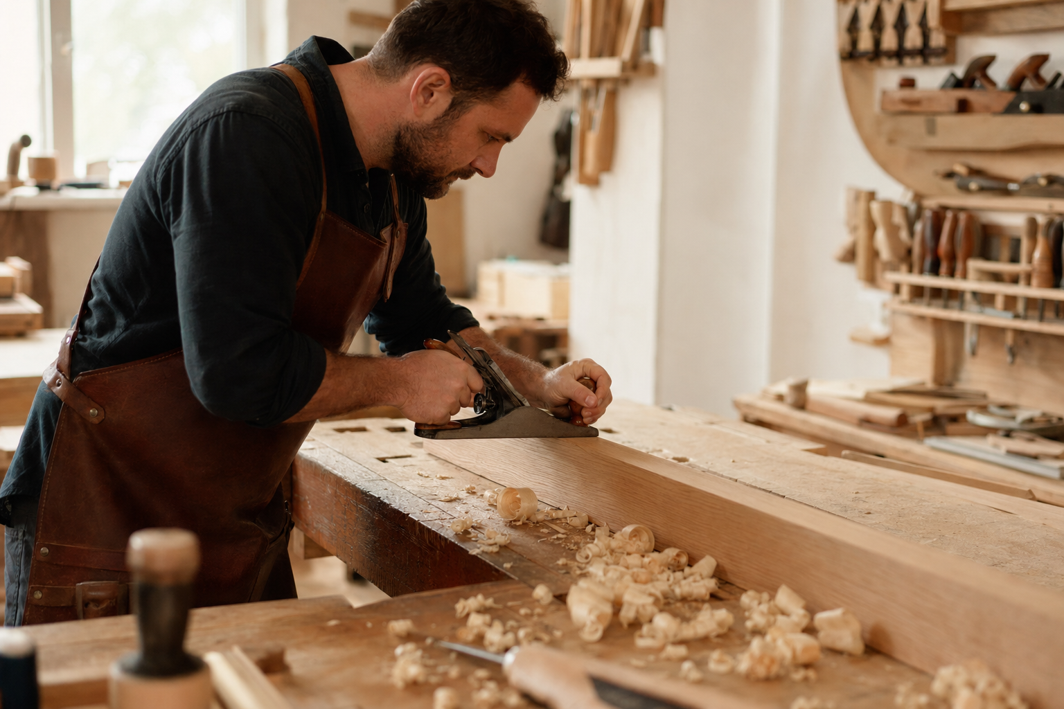 Carpenter in a workshop using a hand plane on a wooden board