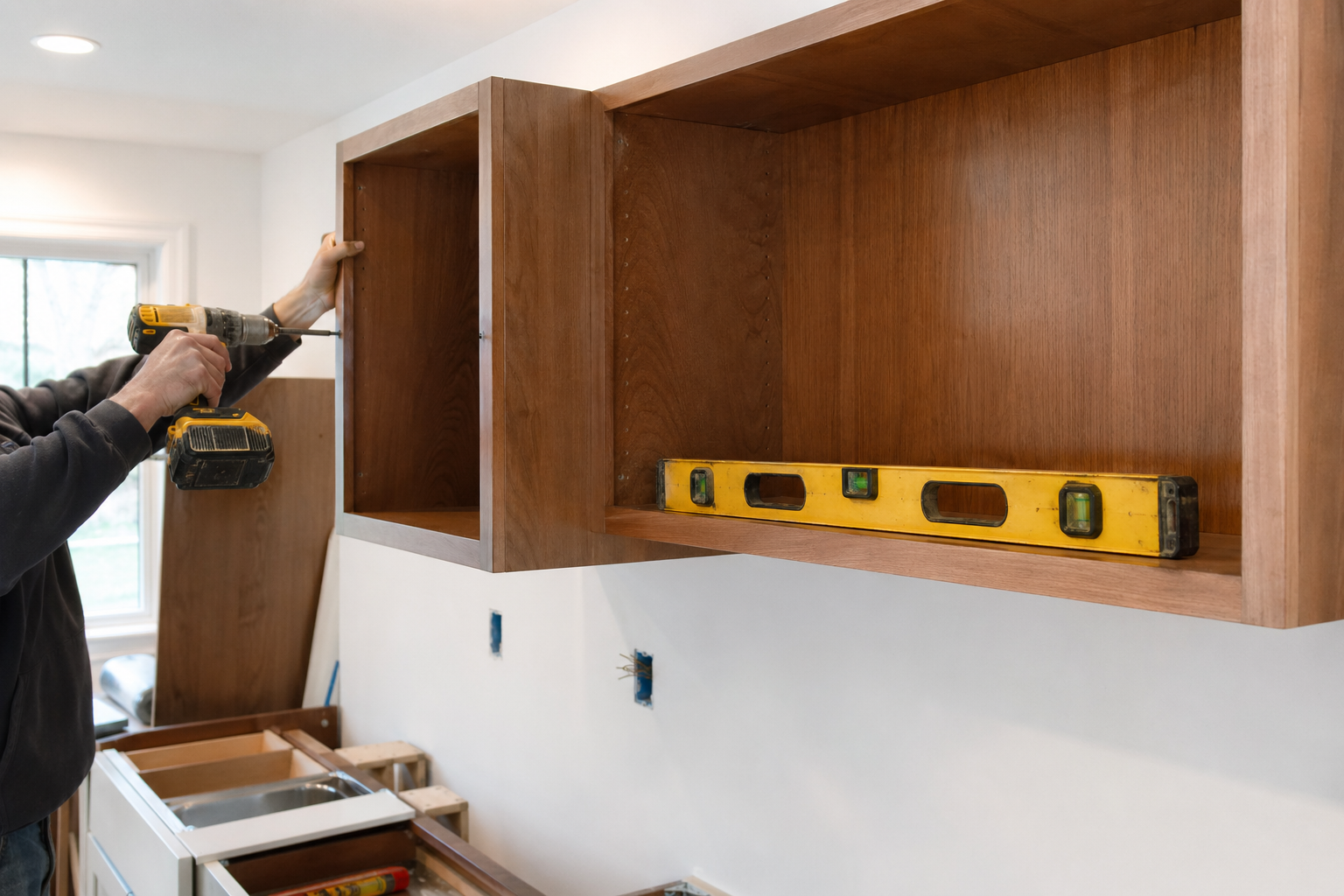 Installing wooden kitchen wall cabinets with drill and level