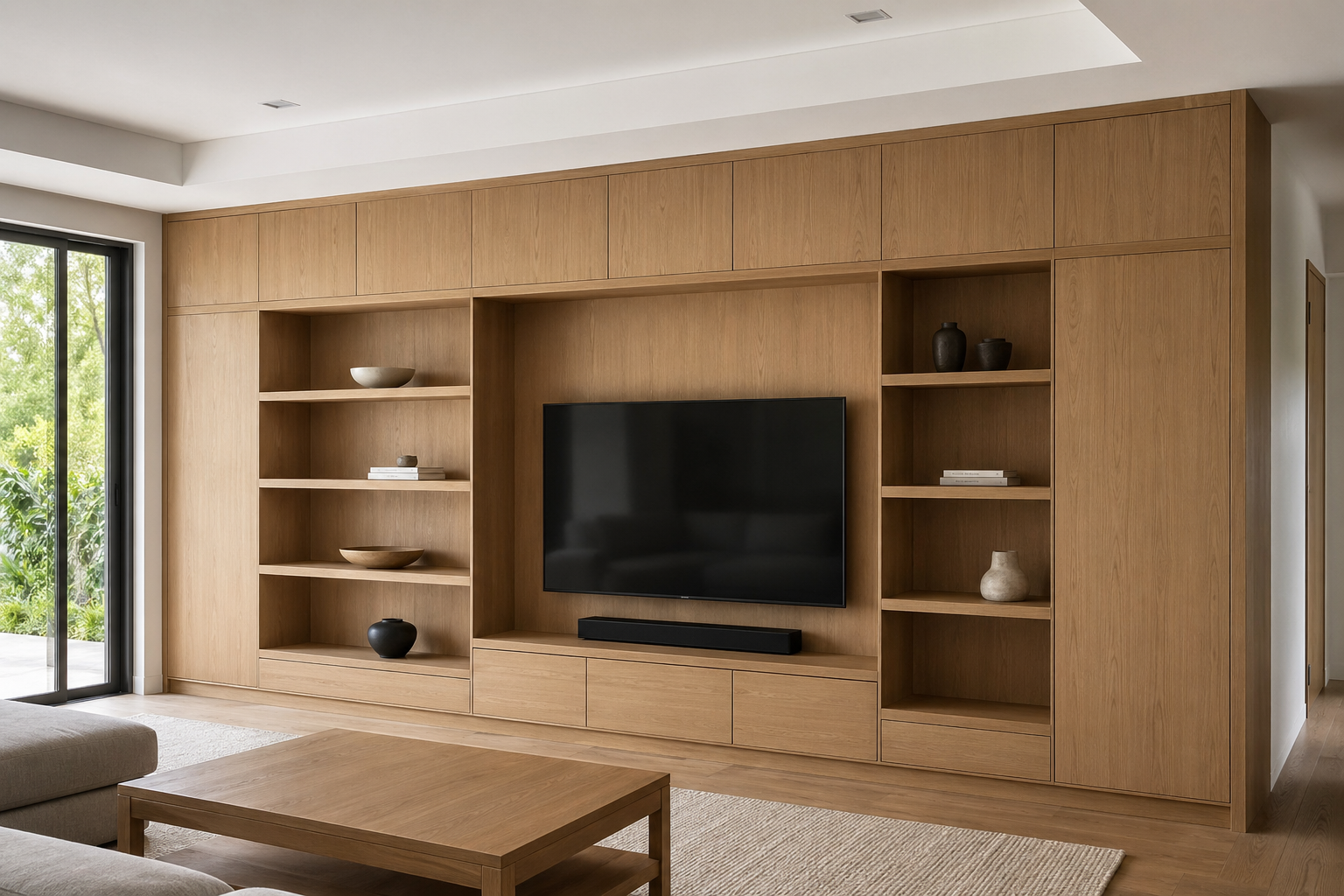 Living room with modular oak wall unit shelves and TV niche