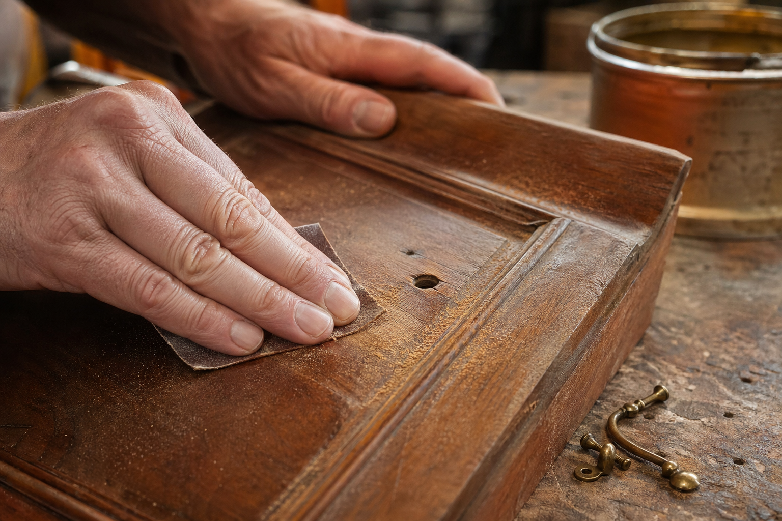 Hands sanding and refinishing a wooden drawer during restoration