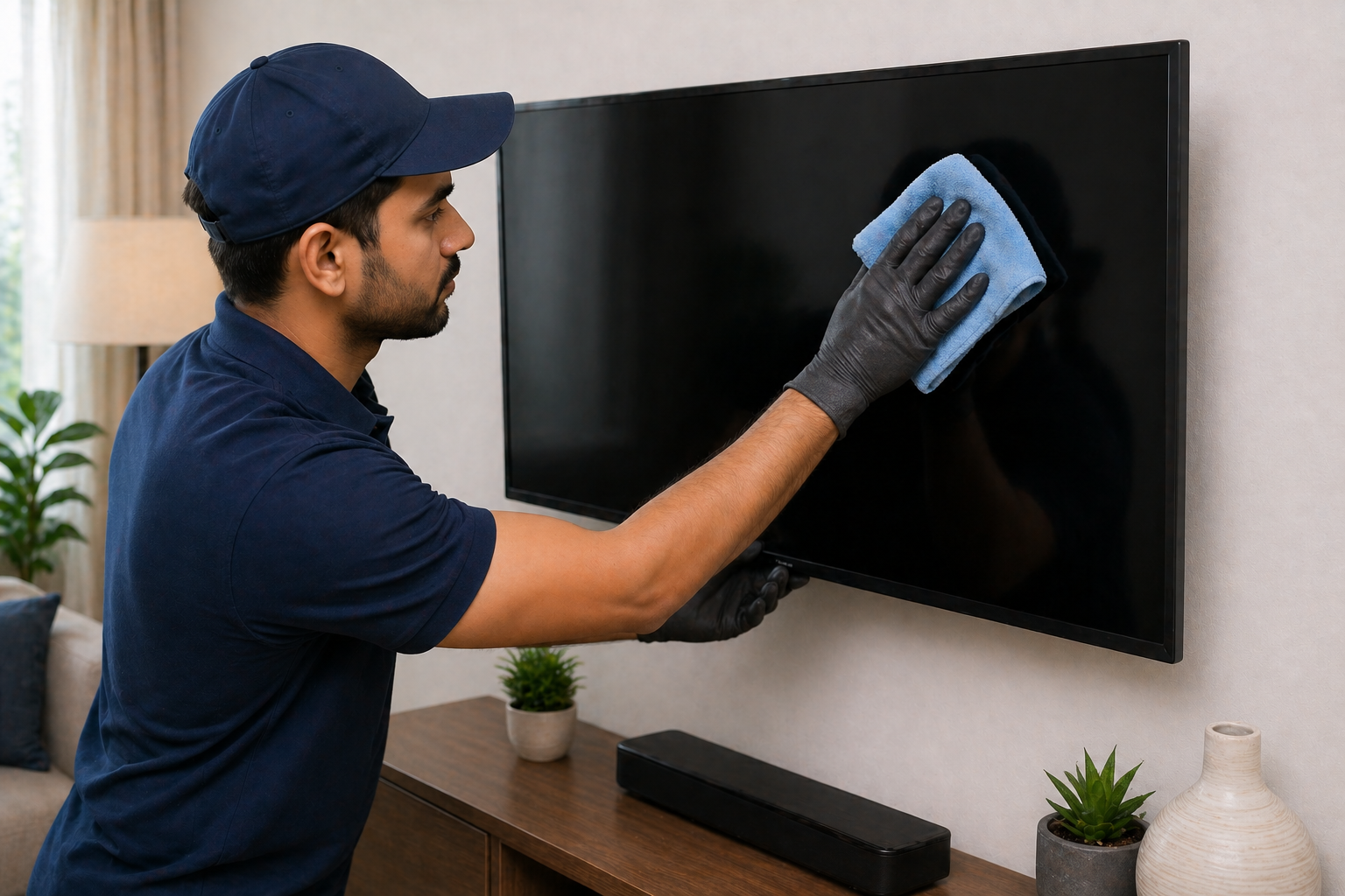 Technician cleaning a flat-screen TV with a microfiber cloth