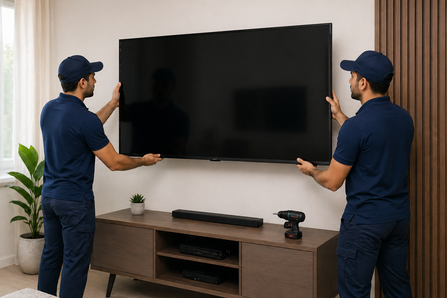 Technicians mounting a large flat-screen TV on a living room wall