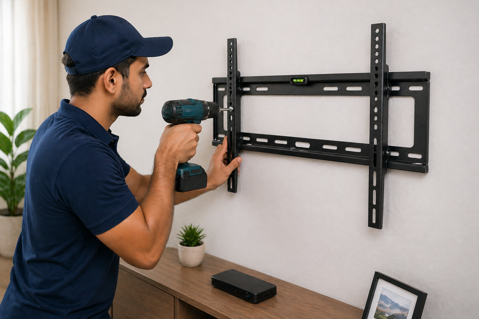 Technician installing a TV wall bracket with a drill