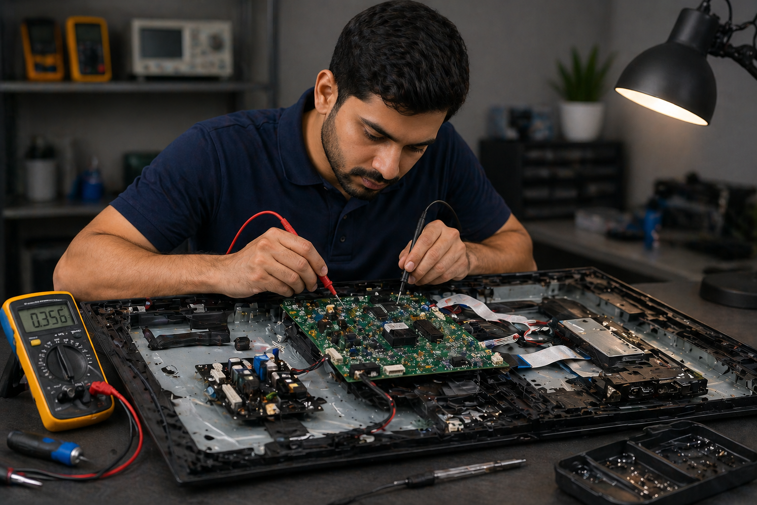 Technician repairing the circuit board inside a flat-screen TV