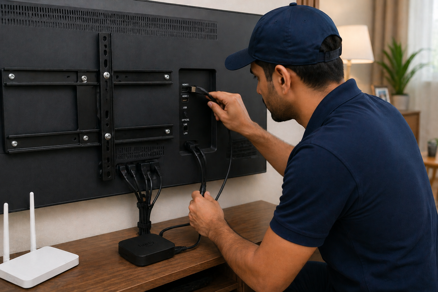 Technician connecting HDMI and streaming devices behind a smart TV