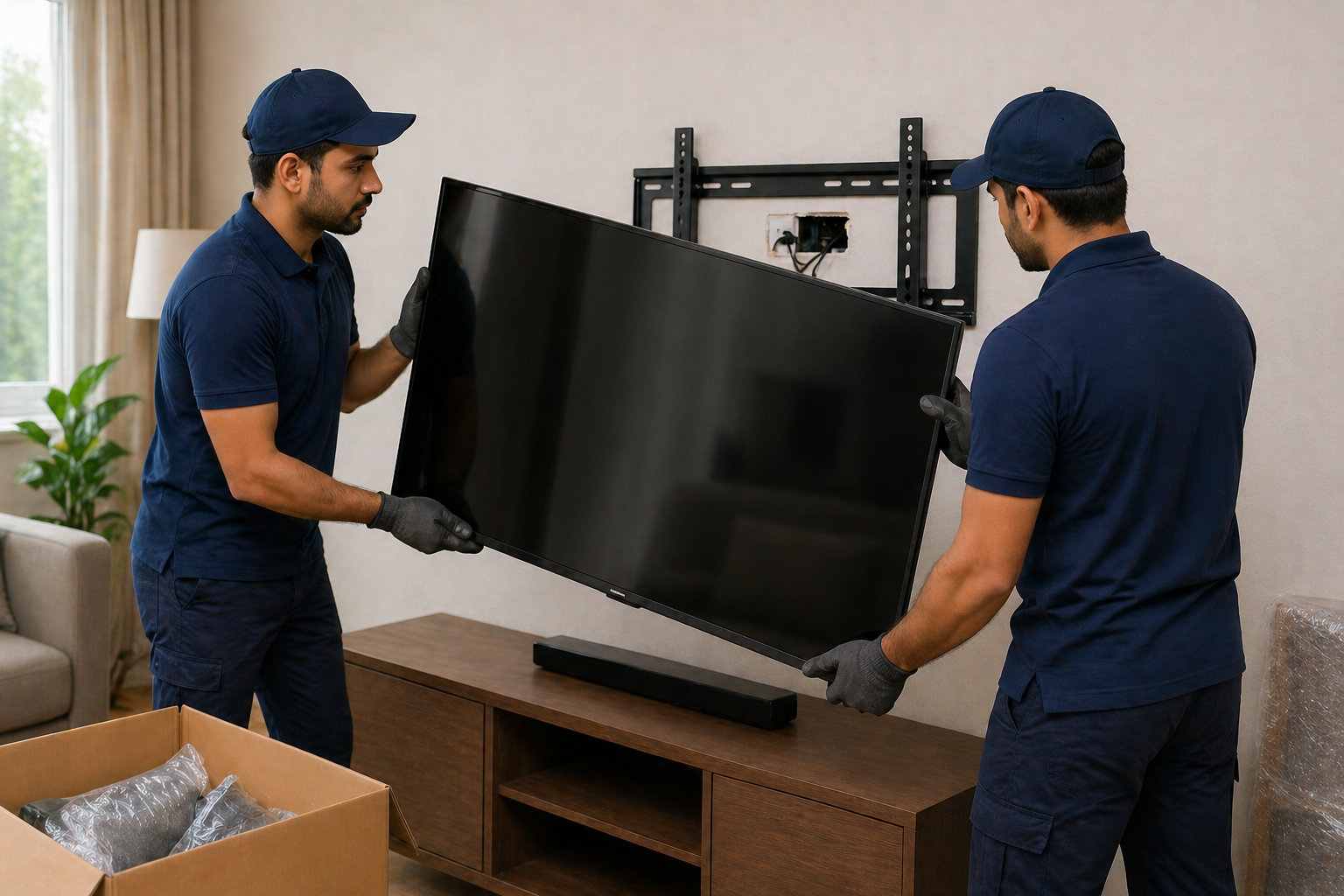 Technicians safely removing a wall-mounted TV for moving