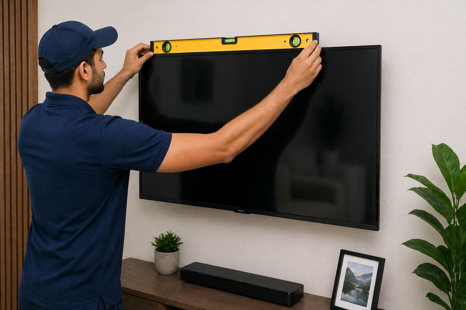 Technician using a spirit level to align a wall-mounted TV